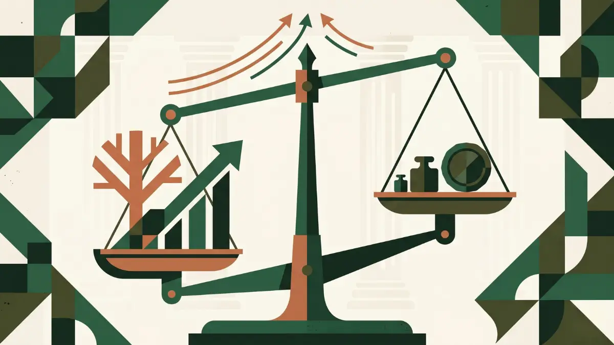 Illustration éditoriale d'une balance équilibrant flexibilité et contraintes, symbolisant les avantages du statut SAS.