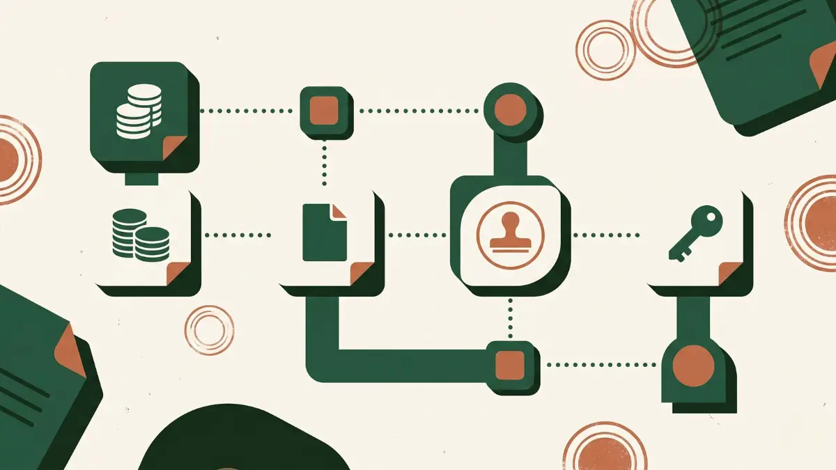 Illustration éditoriale d'un parcours administratif jalonné d'étapes, symbolisant les formalités de création d'une SAS.