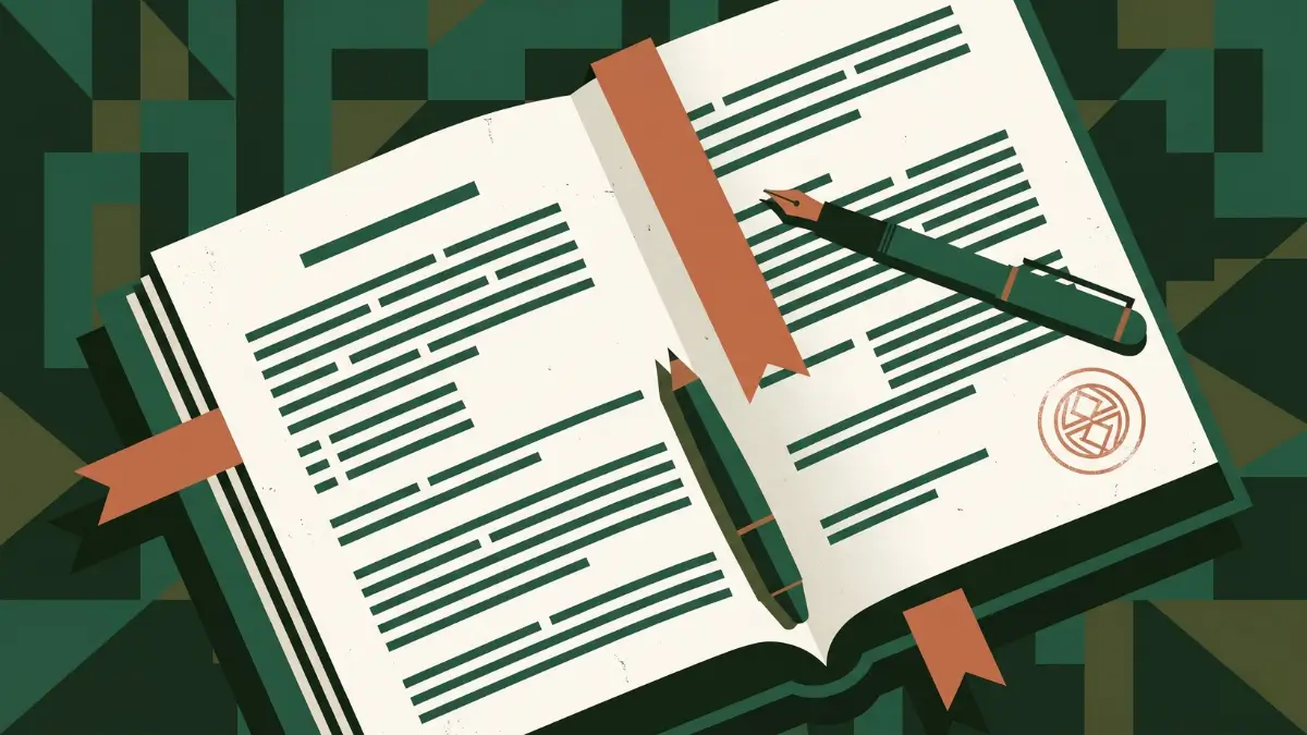 Illustration éditoriale d'un livre juridique ouvert, plume et marque-pages symbolisant la rédaction des statuts d'une SAS.